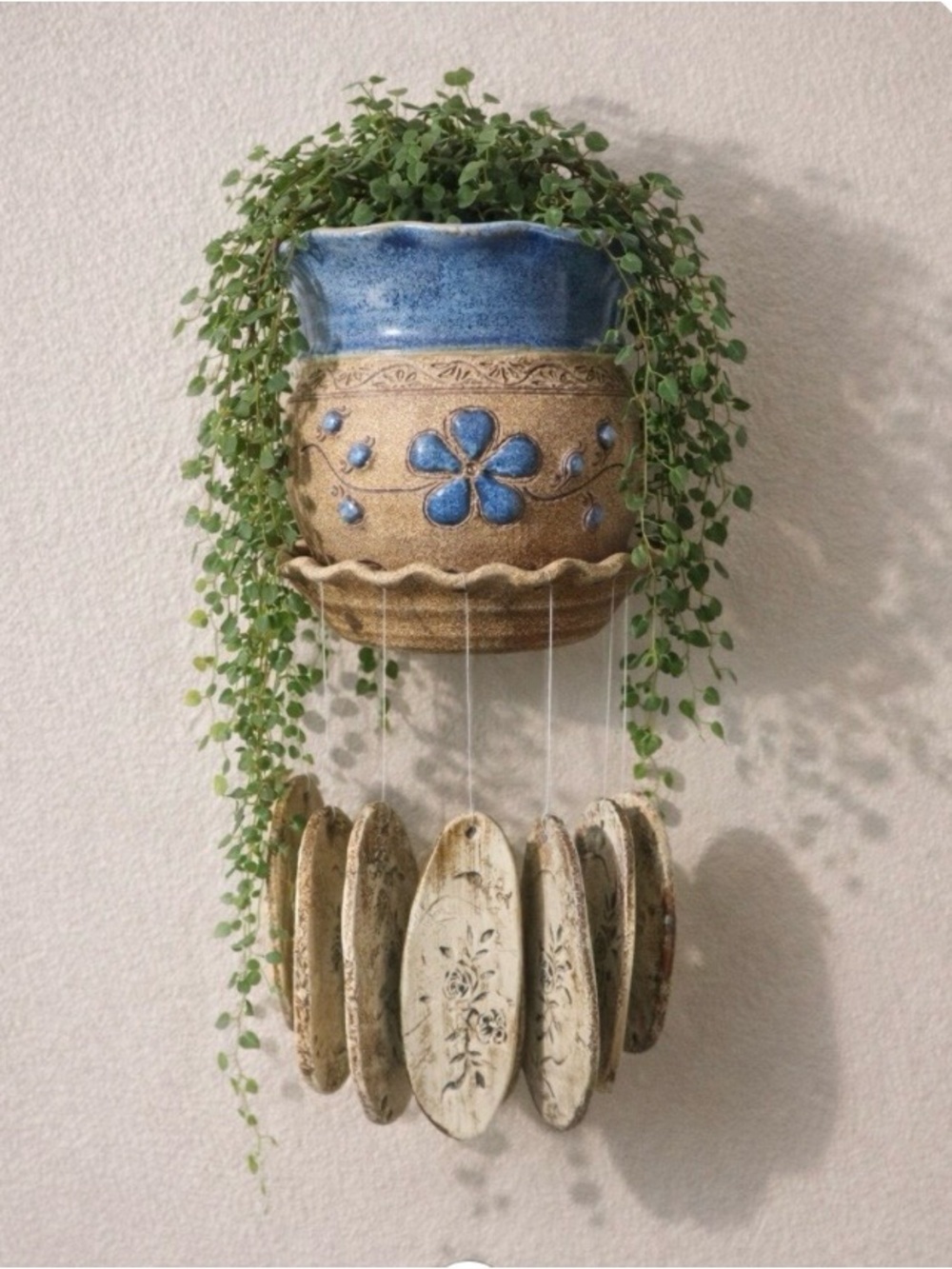 Terry Myhren Studio Art Pottery Wall Hanging Planter Wind Chime, Blue, Signed